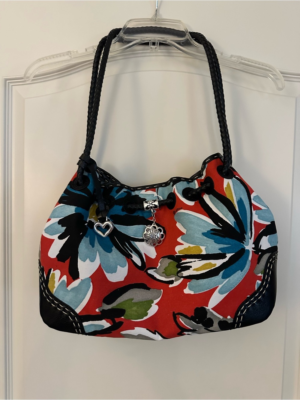 Brighton “Lilly” Shoulder Bag – Red Botanical Floral Canvas – Silver Charms